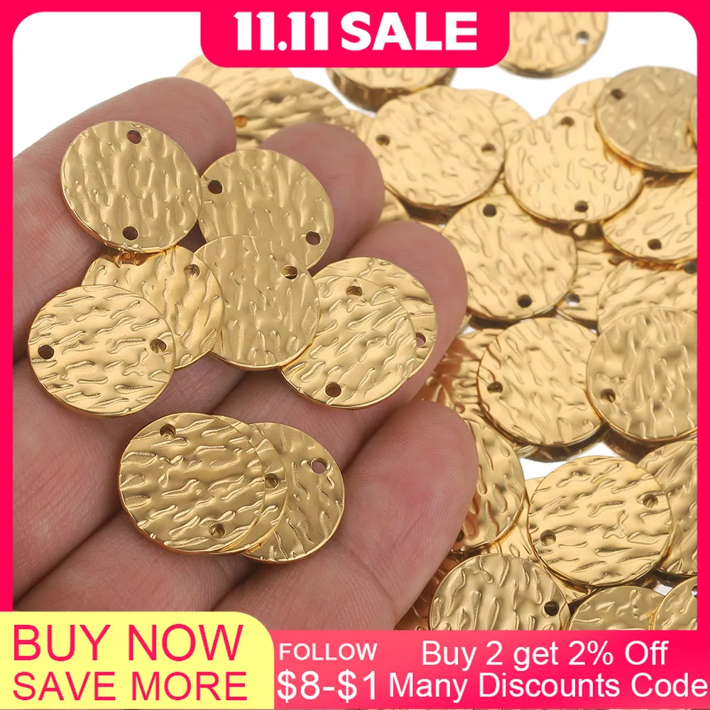 20pcs Lot สแตนเลสสตีล Double Hole Texture วงกลมทอง Charm ต่างหู Conectors สําหรับเครื่องประดับทําอุปกรณ์ขายส่ง