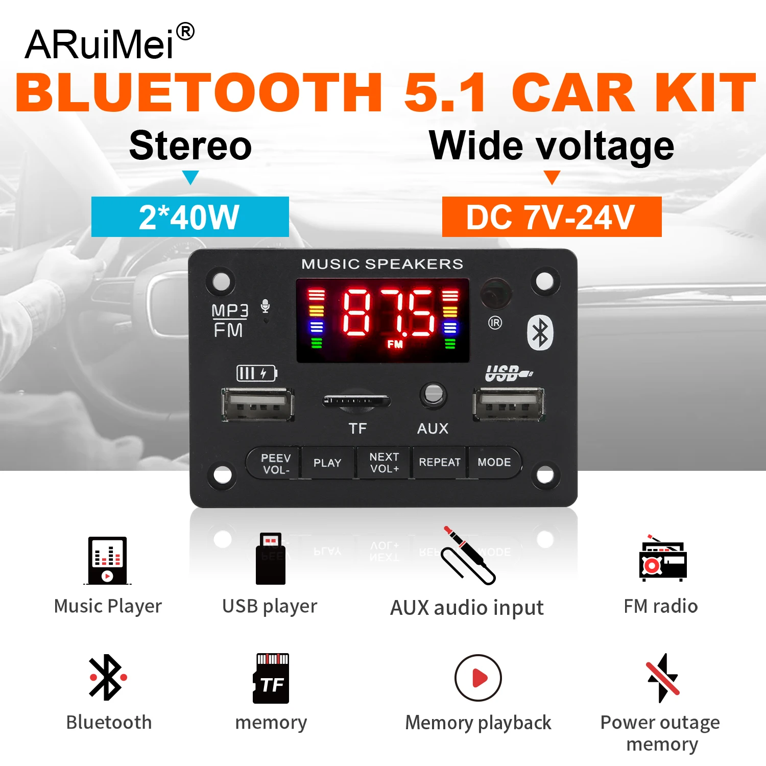 ARuiMei Bluetooth 5.1 Car Kit, 2×40W Stereo Amp with Mic, USB/TF/FM/AUX & Remote, DC7-24V for Car Home DIY