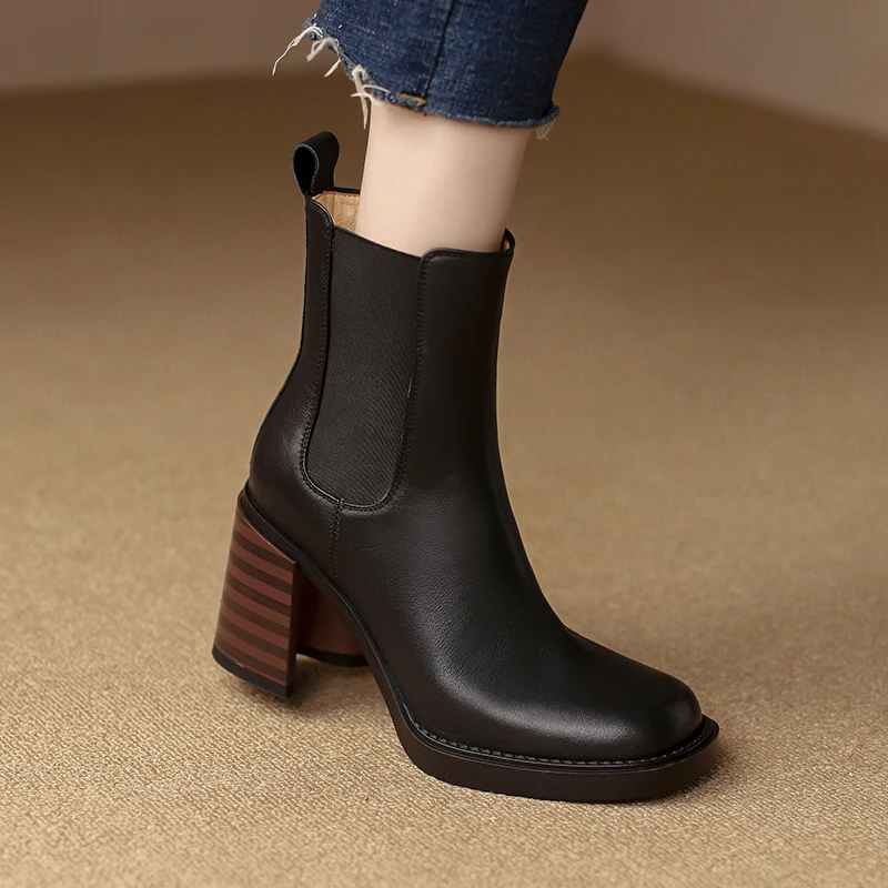 2022 New Fashion Women Shoes Round Toe High Heel Shoes for Women Black Leather Boots Women Elastic Band Boots Winter Women Boots