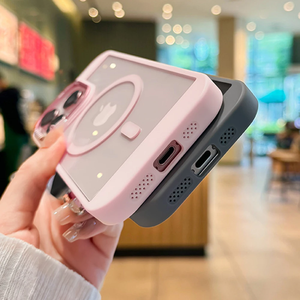 Luxury Clear For Magsafe Heat Dissipation Frame Phone Case For iPhone 17 Air 16 15 14 13 13 12 11 Pro Max Acrylic Back Cover