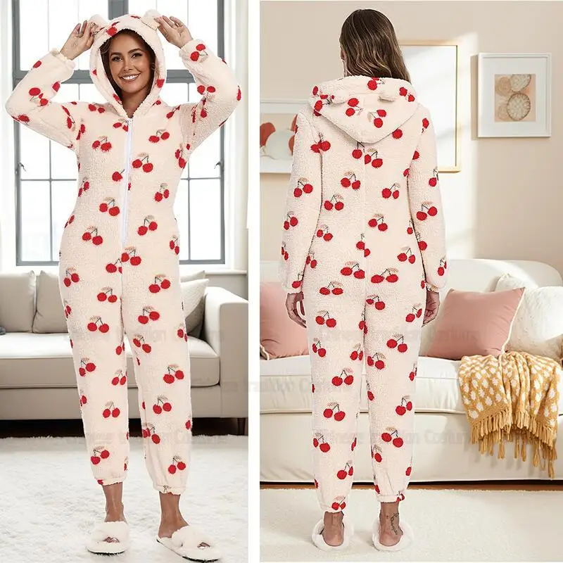 

Женский комбинезон с капюшоном, пижама Pritn Cherry, фланелевая одежда для сна, теплая фестивальная вечеринка, домашняя одежда, домашняя одежда, ночная рубашка с карманом