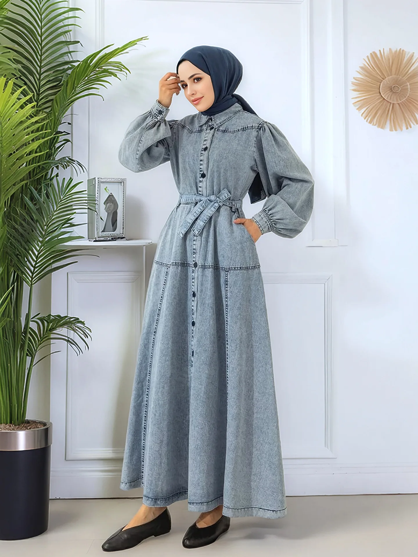 

2025 New Muslim Women Denim Long Sleeve Dress Dubai Abaya Turkey Kaftan Ramadan Islam Clothing Caftan Marocain Femme Robe Gown