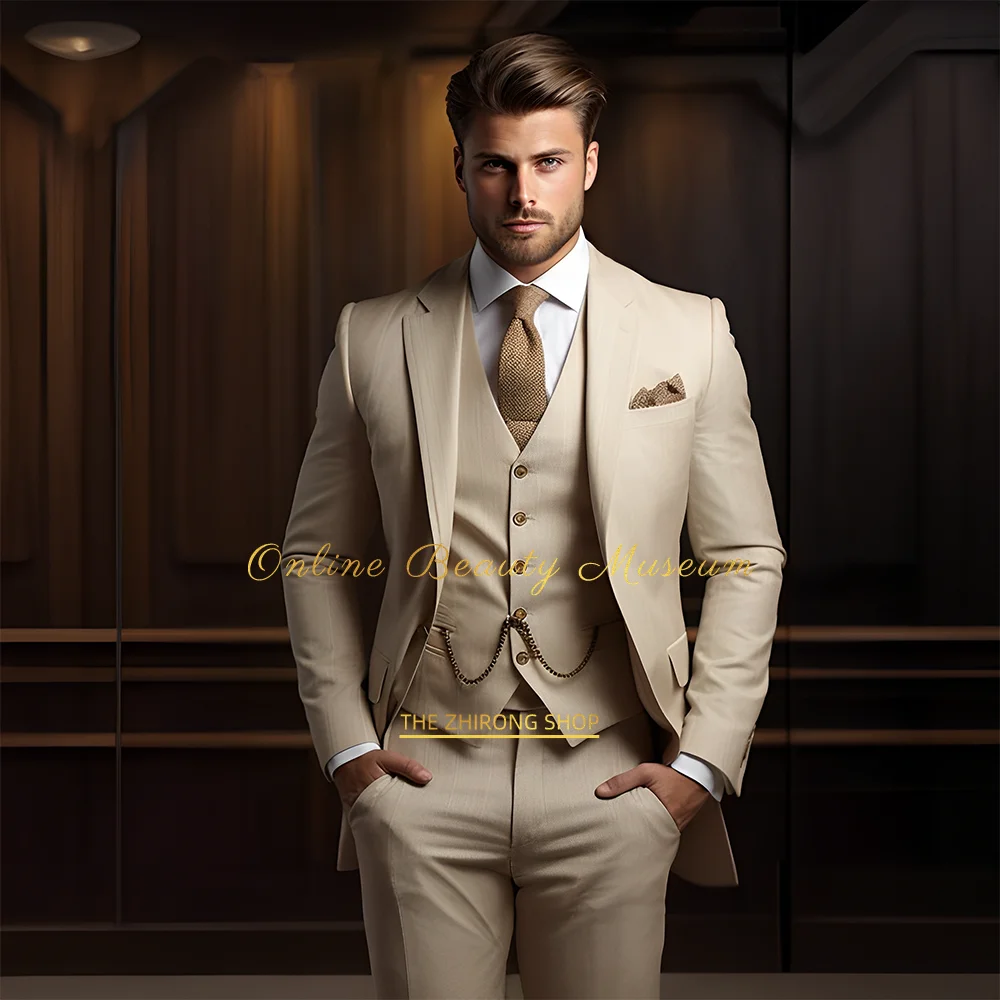 

Men's khaki suit (jacket + vest + pants), fashionable and elegant style, high-quality tailor-made dress for wedding parties