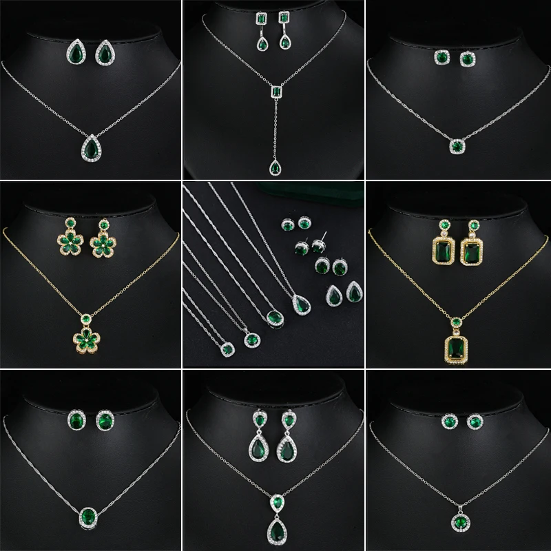 2023 Fashion Green Zircon Party Jewelry Sets for Bride Necklace Earrings Sets Gift Statement Jewelry