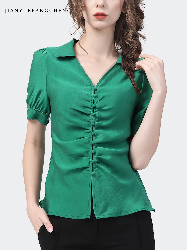 Imagem -03 - Moda Feminina Camisa Estilo Francês Elegante Fino Puff Manga Shirring Botão-para Baixo Topo 2023 Verão Novo Vintage Chique Trabalho Blusas