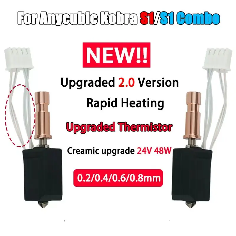

New Ceramic Heating Hotend For Kobra S1/S1Combo 24V 48W Hot end For Anycubic Kobra S1 Thermistor 200K 320℃ All meta Hotend