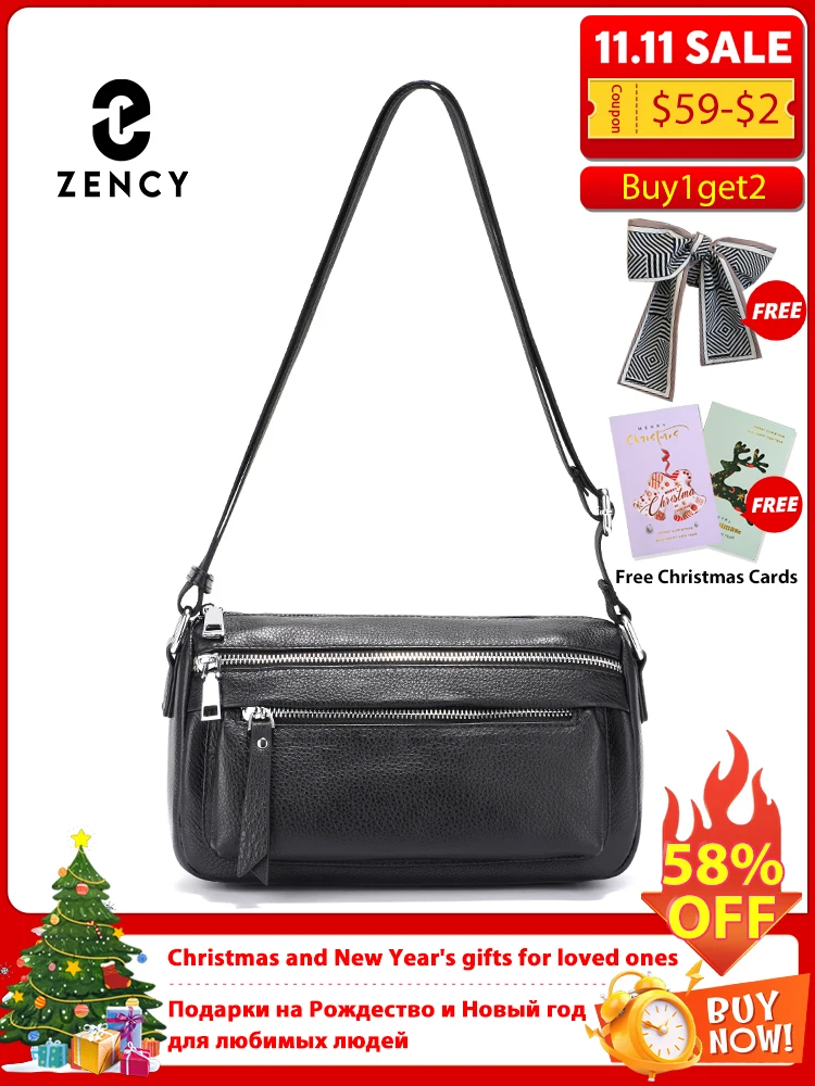 

Zency Women Leather Handbag Cowhide Wide Strap Shoulder Bag Silver Zipper Crossbody Bag Satchel Many Pockets Messenger Bags New