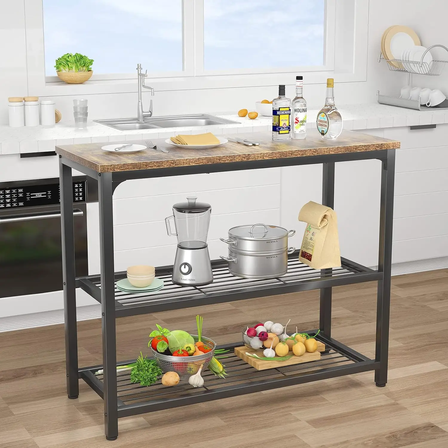 Industrial Console Table with Double Mesh Shelves, Rustic Sofa Table for Entryway Living Room, 32 Inch