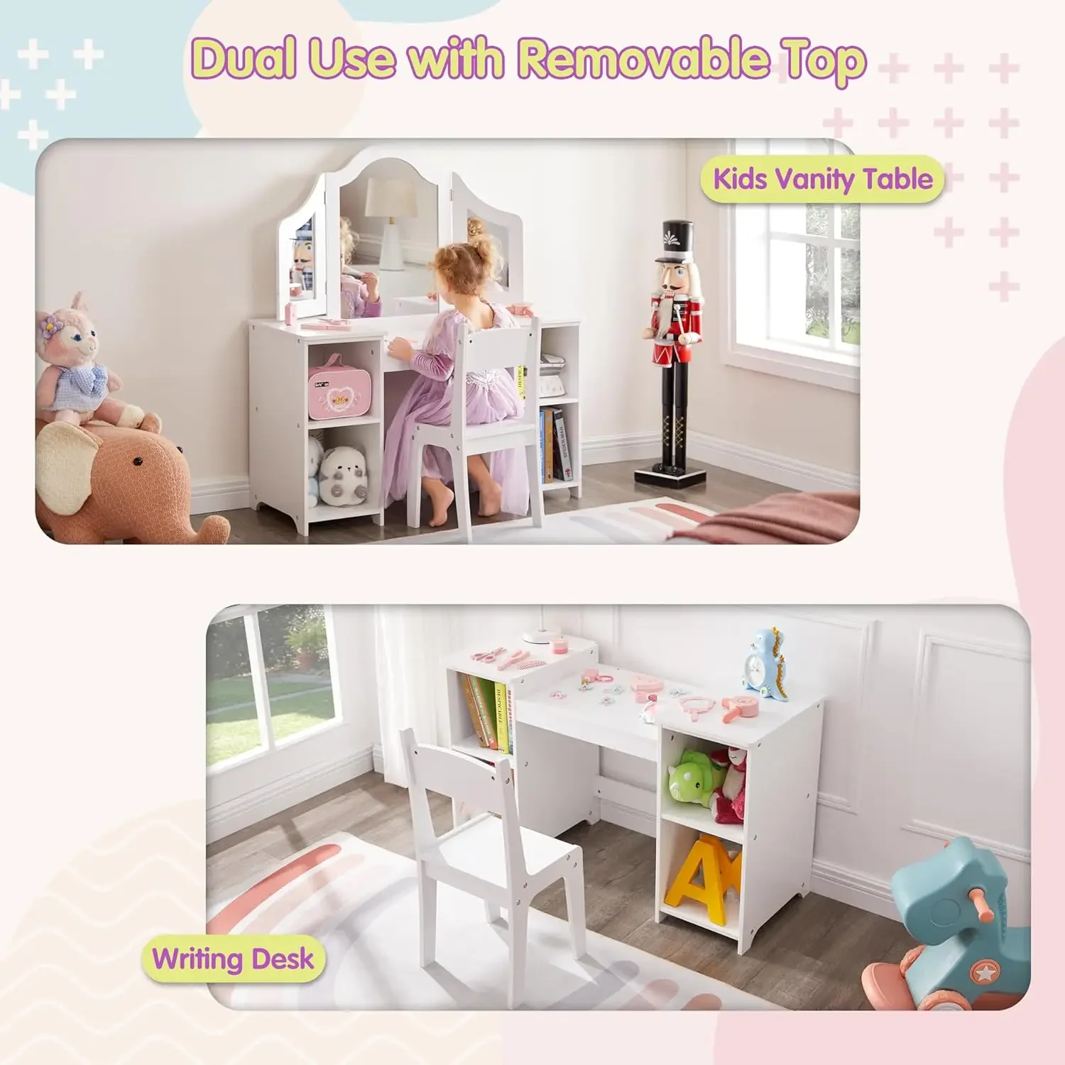 2 in 1 Kids Vanity Set, Princess Makeup Table and Chair with Open Storage Cabinet, Pretend Play Vanity with Detachable