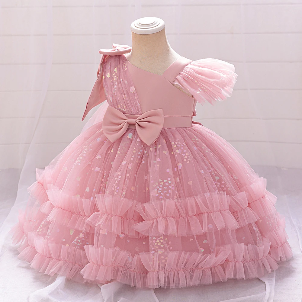 Pageant Pink 1st Birthday Dress For Baby Girl Clothes Floral Princess Tutu Dress Baptism Girls Dresses Bow Party Gown 0-4 Year