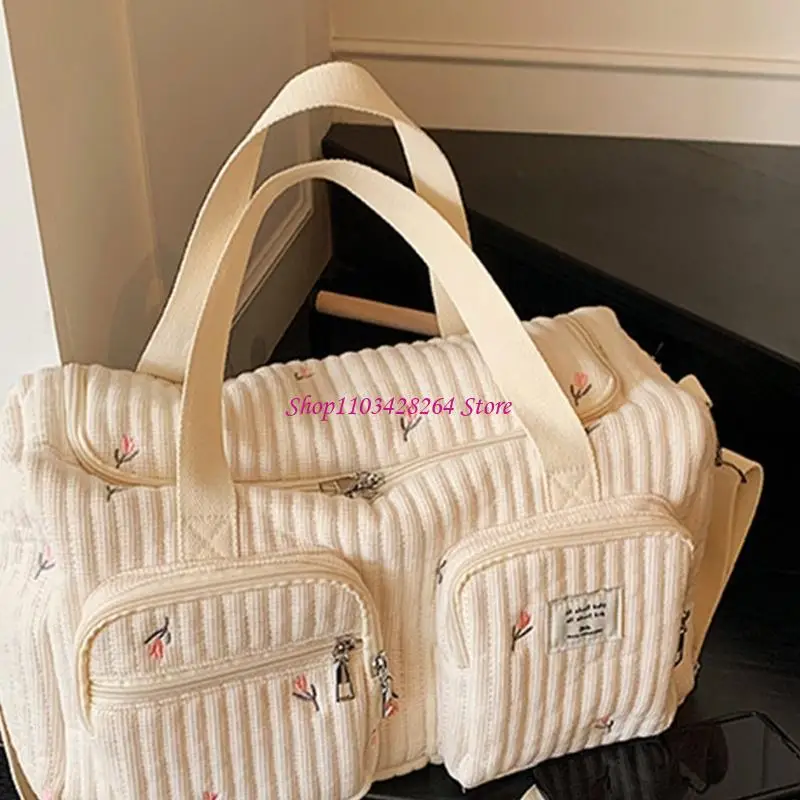  Cartoon Embroidery Baby Nappy Case Diaper Changing Bag Large Capacity Cotton Organiser with Shoulder Strap