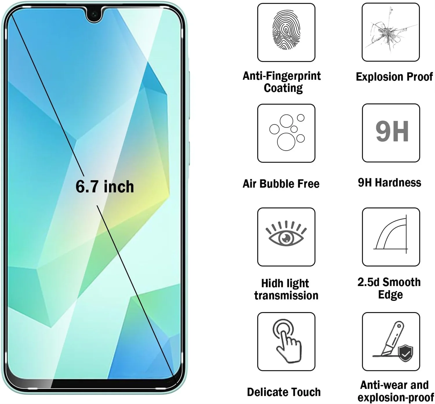 

Защитное стекло для Samsung Galaxy A16, полное покрытие, 6,7 дюйма, высокая четкость, защита от падений.