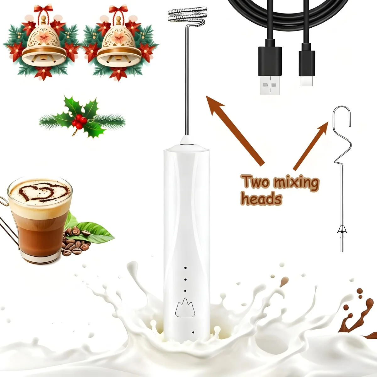 Electric Milk Frother Handheld with 2 Stainless Steel Whisk,Portable Egg Mixer for Coffee and Kitchen Use, Frothing Milk Beating