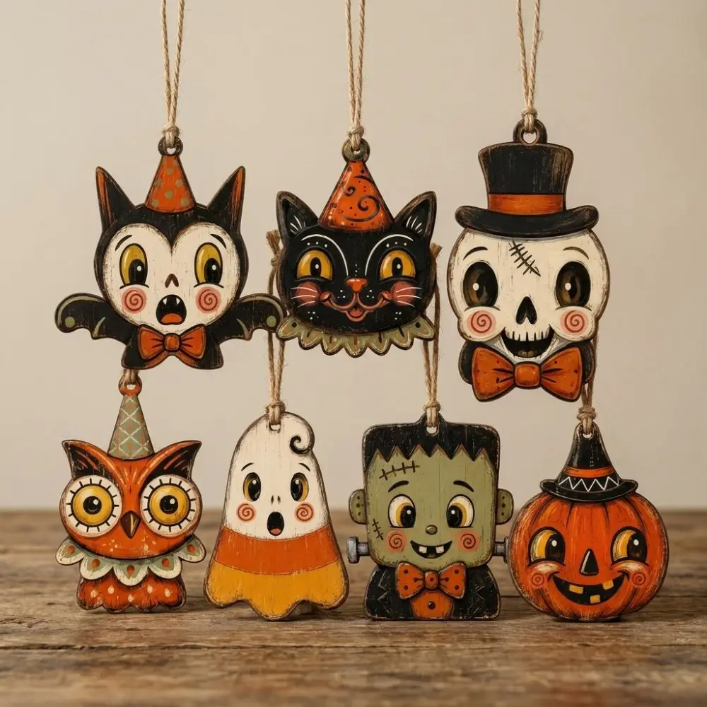 Vintage Style Halloween Pumpkin Ghost Pendant Trick or Treat Distressed Painted Wooden Black Cat Ornament with Rope Rustic