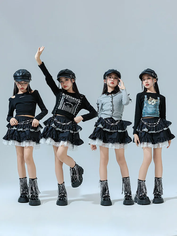 Hip Hop Sets Mädchen K-pop Goth Crop Top Spitze Prinzessin Tiered Röcke Kinder Streetwear Kinder Jazz Kostüm Street Dance kleidung