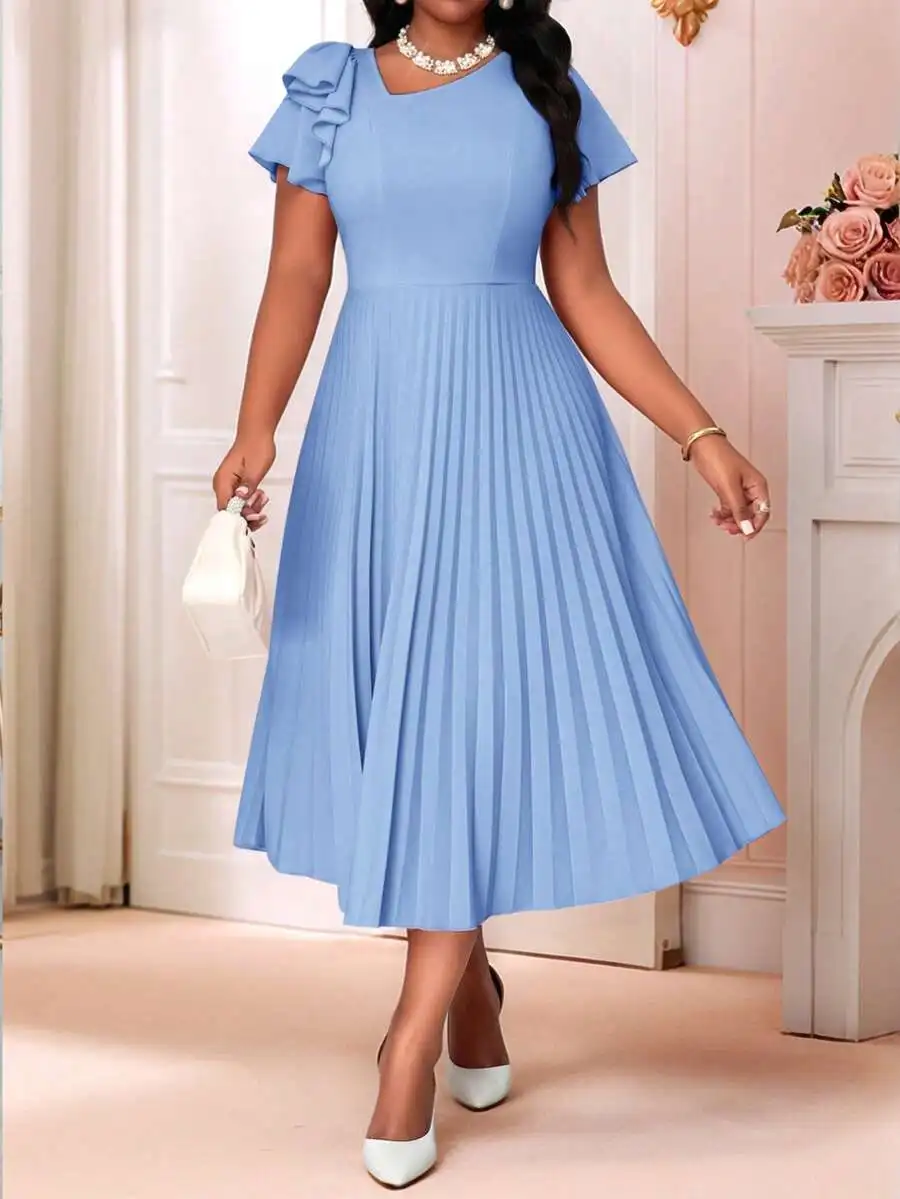 

Elegant Blue Pleated Midi Dress With Ruffle Sleeve Round Neck Casual Flowy Dress