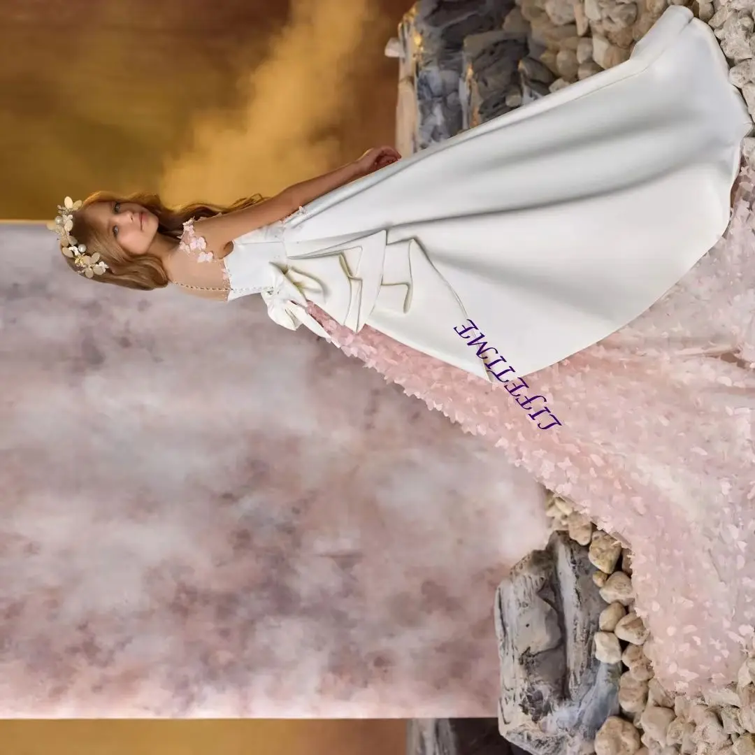 

CustomizedElegant White Flower Girl Dresses For Wedding Customized Pink Floral Litter Girls Birthday Gowns Baby First Communion