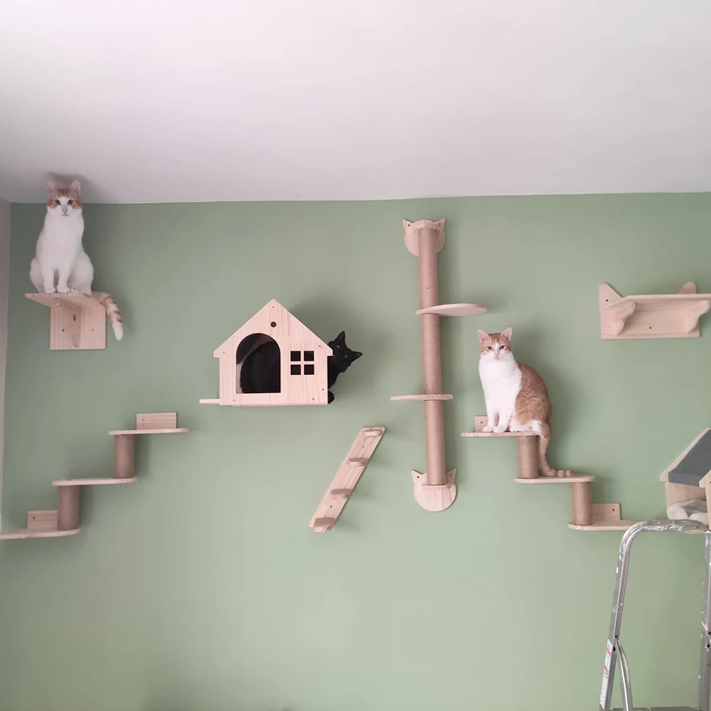 

Cat Wall Furniture Mounted Wooden with Cat House Hammock and Climbing Ladder Cat Shelves Sisal Nest for Kitten Playing and Rest