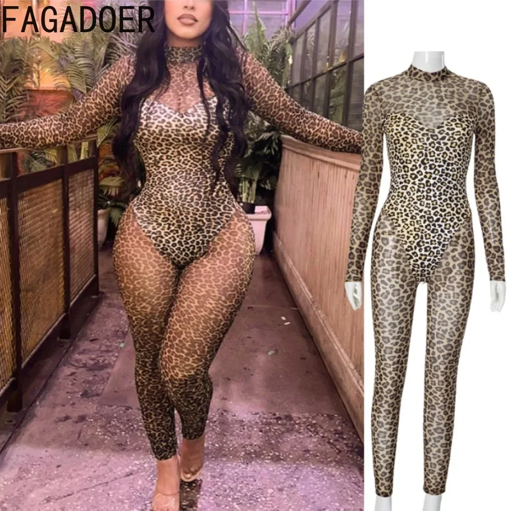 

FAGADOER Leopard Print Jumpsuits Women Sexy Mesh Long Sleeve See Through Patchwork One Piece Rompers Female Streetwear Overalls