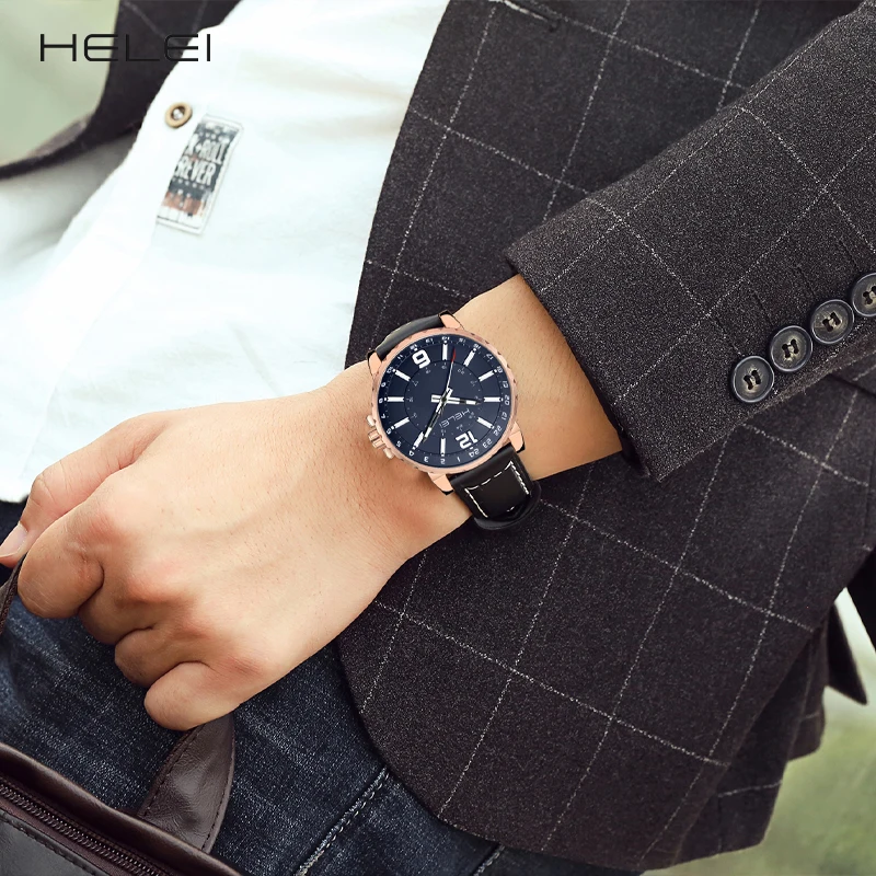 HELEI2024 reloj de cuarzo para hombre, correa de cuero genuino, 24 horas, resistente al agua, regalo