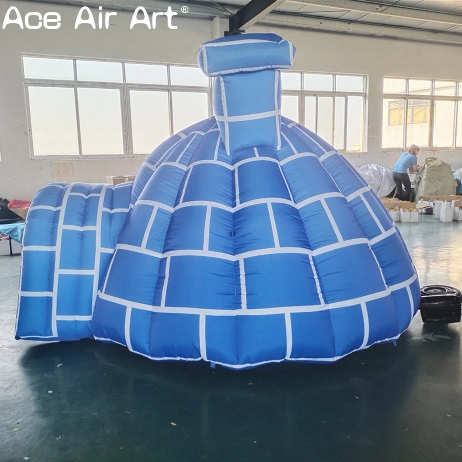 Tente gonflable bleue mignonne de dôme gonflable d'hiver de grotte de pingouins antarctiques d'ignloo pour la décoration extérieure de noël enfants amusants