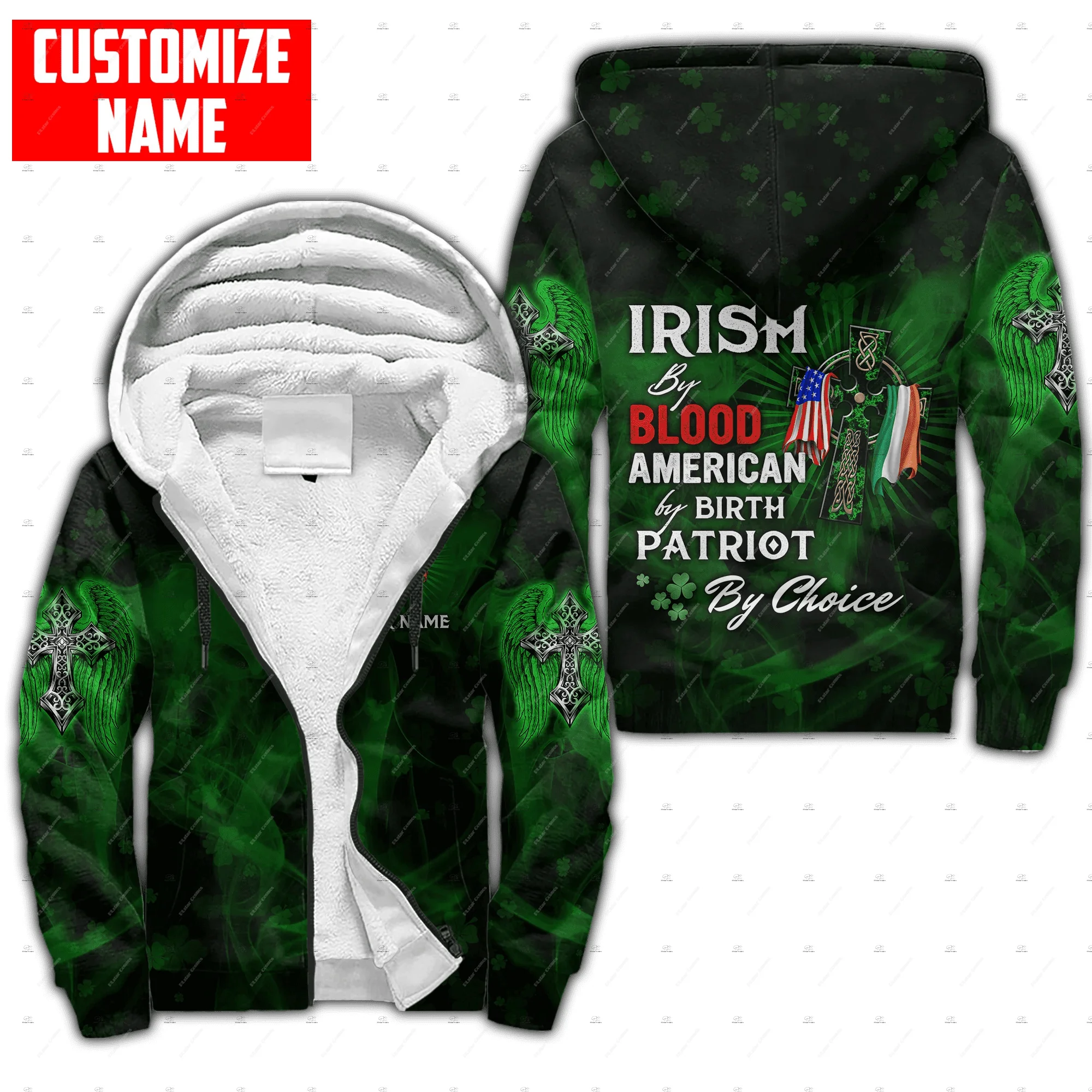 Custom Name Irish Ireland Country Flag St.Patrick Vintage 3DPrint Harajuku Autumn Winter Warm Coat Fleece Jacket Zip Hoodies X2