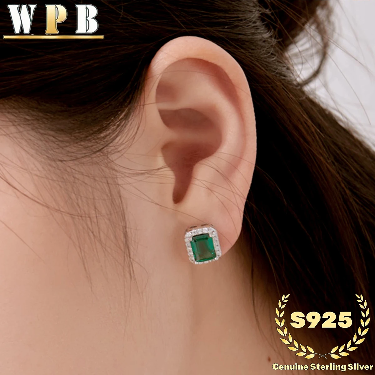 S925 Sterling Silver Stud Earrings Emerald Green Zircon Four Prong Double Halo for Women Classic Formal Wedding Bridal Jewelry