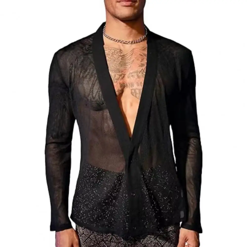 Camisa informal de estilo callejero para hombre, camisa Sexy de malla con cuello en V para discoteca, Top transparente de manga larga con botones para actuación de fiesta muscular