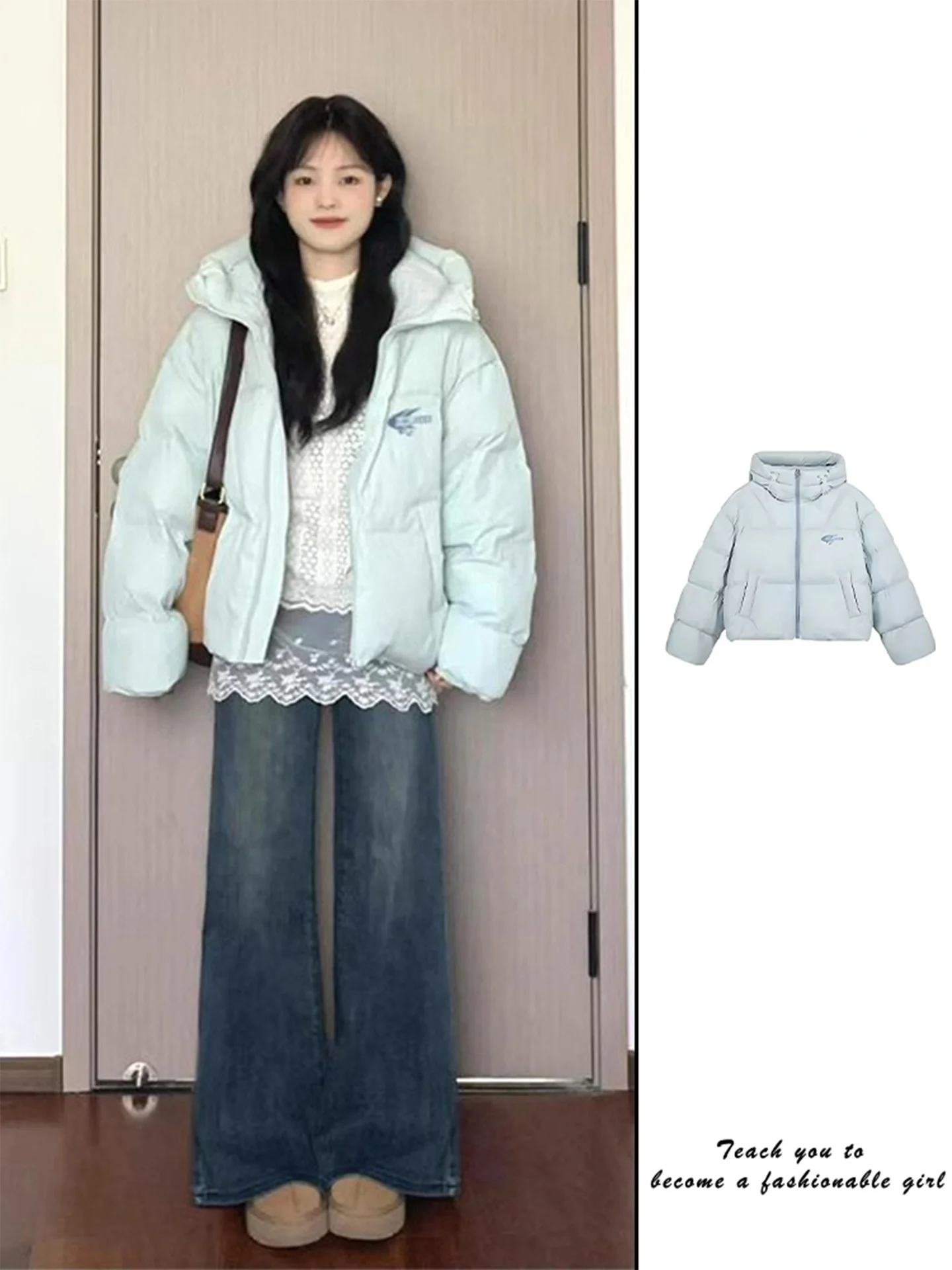 

Ретро-куртка в корейском стиле, синяя, с капюшоном, из хлопка, женская, мягкая, объемная, с вышивкой, утепленная, с длинными рукавами, на молнии