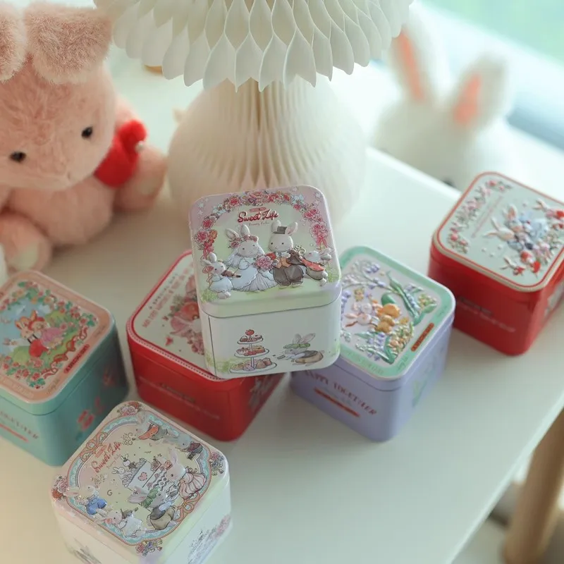 صندوق قصدير مطبوع عليه أرنب كرتوني، صندوق تخزين مربع للوجبات الخفيفة، منظم الحلوى، ديكور المنزل، صندوق معدني قابل للتجميع، هدايا الزفاف #3