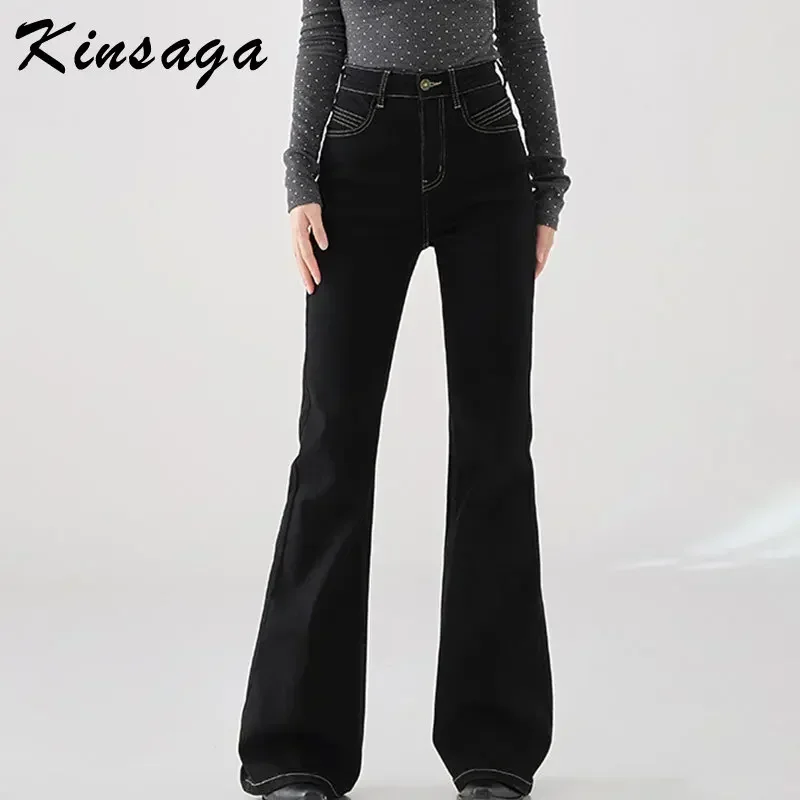 Kinsaga High Waist Slimming Black Micro Flare Jeans Women Korean Style Pear Shape Narrow Wide-Leg Pants Black Mopping Horn Jeans