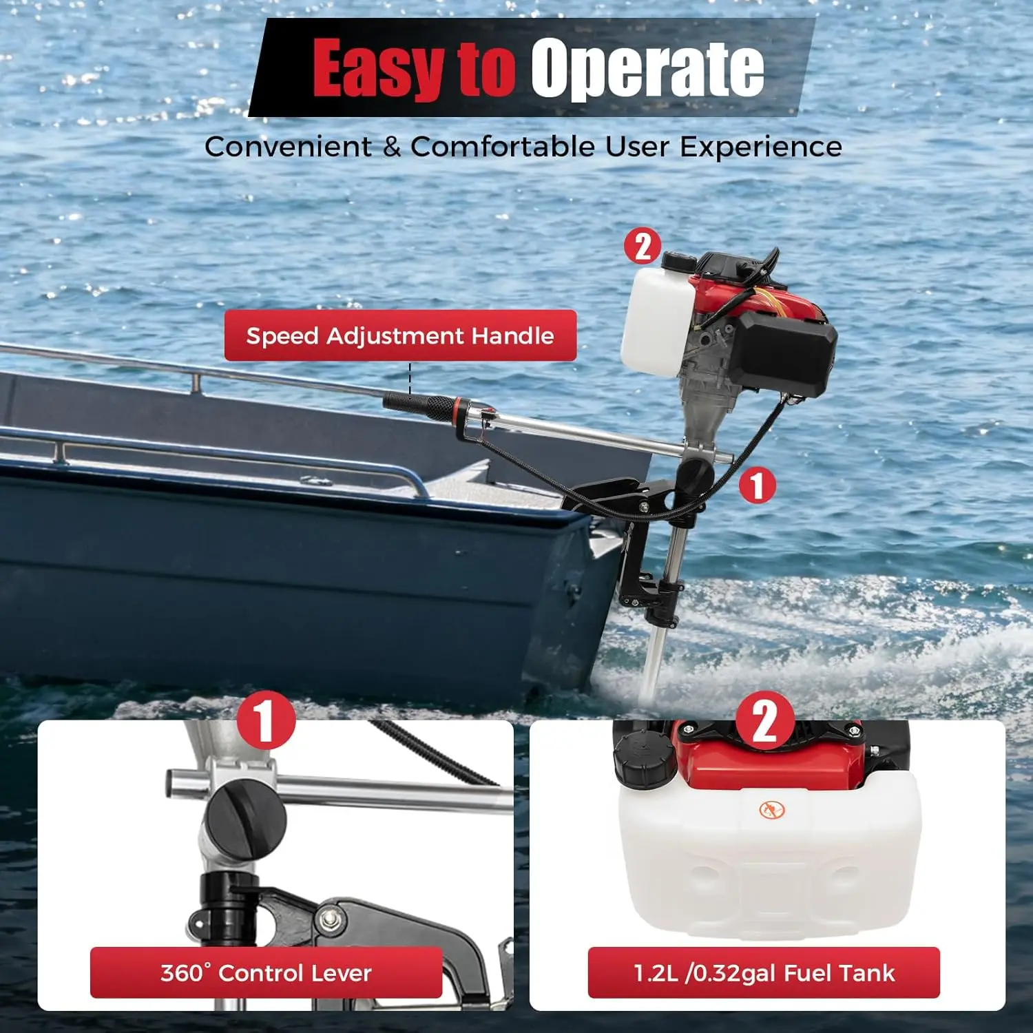 

4HP Outboard Motor, 4 Stroke 53.2CC Marine Boat Engine with Air Cooling System, Hand Start Gasoline Engine for Inflatable Fishing Boats Yachts Water Sport Tools