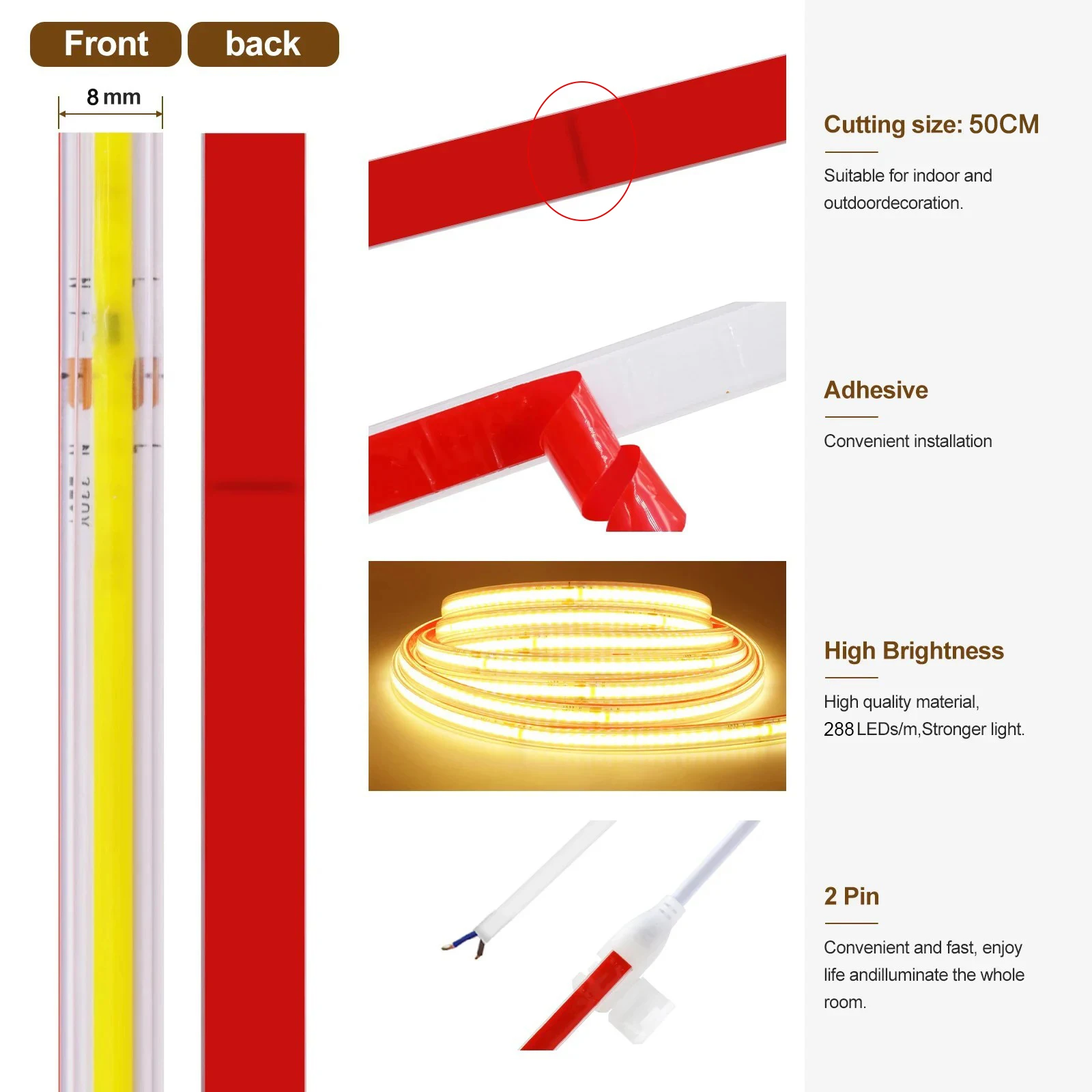 5M/Roll Outdoor 288leds/m IP67 8mm 220V Cob Led Strip High Brightness Flexible Cutting Self-Adhesive Led Strip Light