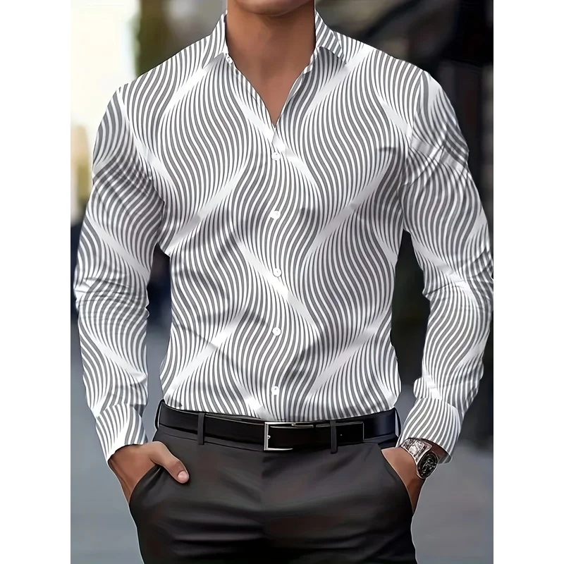 Men's Elegant Stripe Print Long Sleeve Dress Shirt Fitted Casual Comfortable Business Formal Top