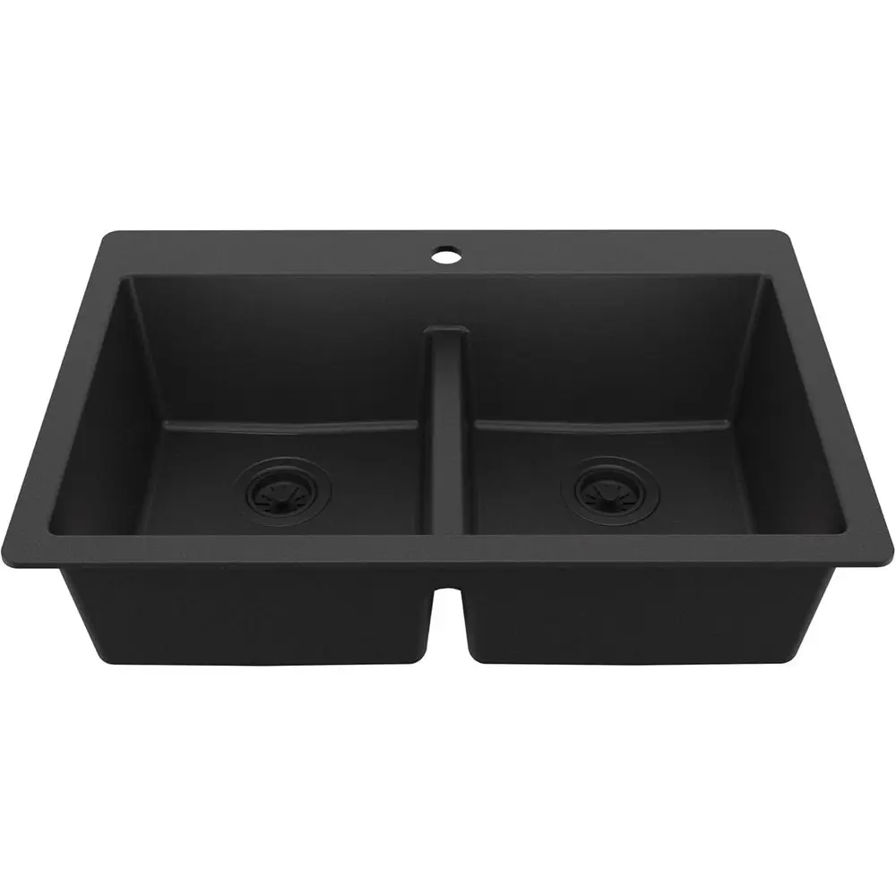

33" Black Quartz Composite Double Bowl Kitchen Sink – Top Mount Drop-In 50/50 Low Divider, 80% Natural Quartz, 535° Heat Resista