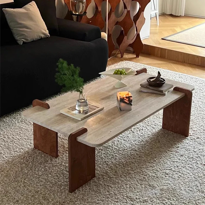 Nordic Wabi Sabi Natural Travertine Coffee Tables Rectangular Cream Style Corner Side Table Living Room Stoły Furniture New