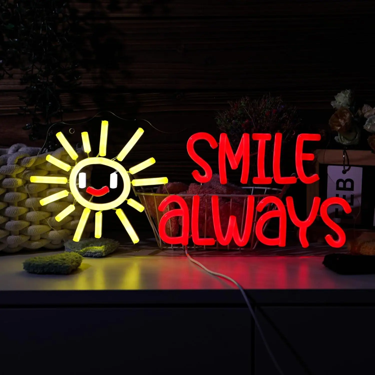 Smile Always Sun Neon Sign LED Light Up Sign for Bedroom Classroom Office Nursery Man Cave Wall Decor Birthday Holiday Gifts