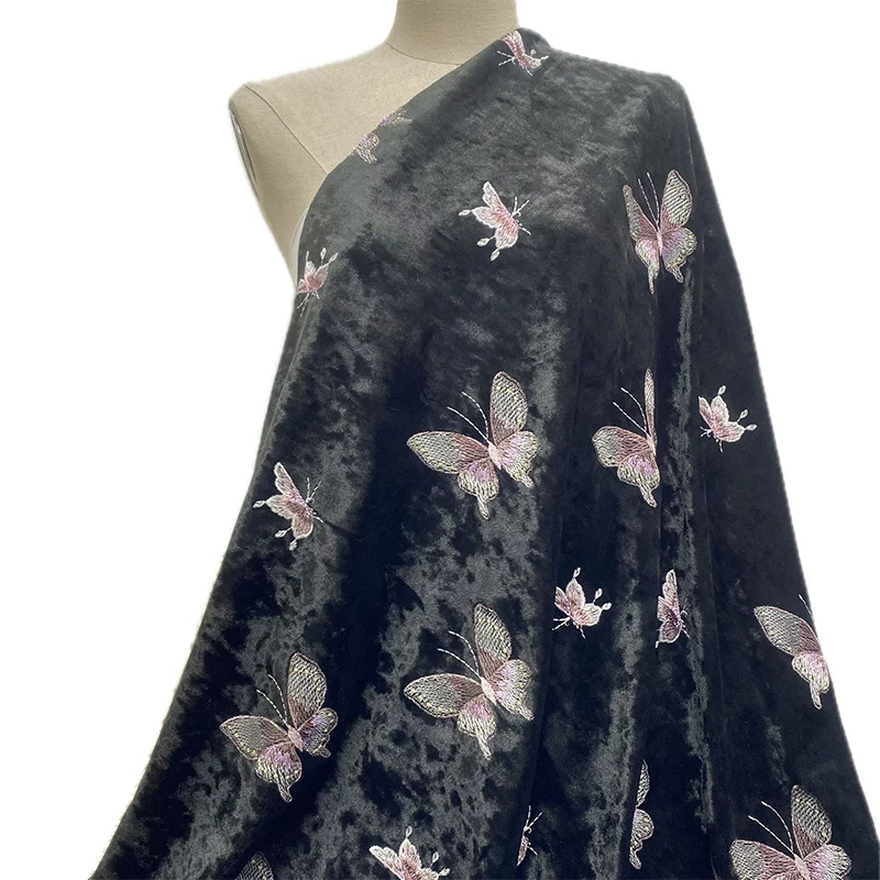 

Luxury 3D Golden Butterfly Embroidered Velvet Fabric 100X150Cm Chinese Style for Diy Dress Bag Sewing Decor