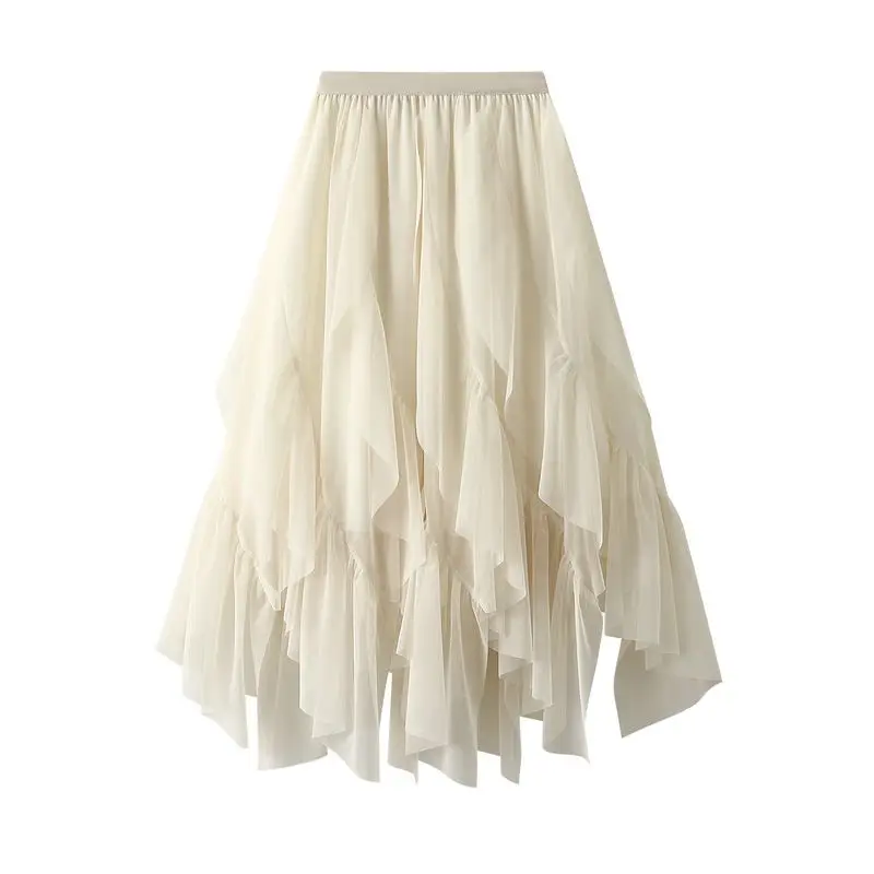 Spring Summer Autumn Casual Loose High Waisted Mid Length Hanging Feeling Mesh Irregular Mesh Skirt for Women