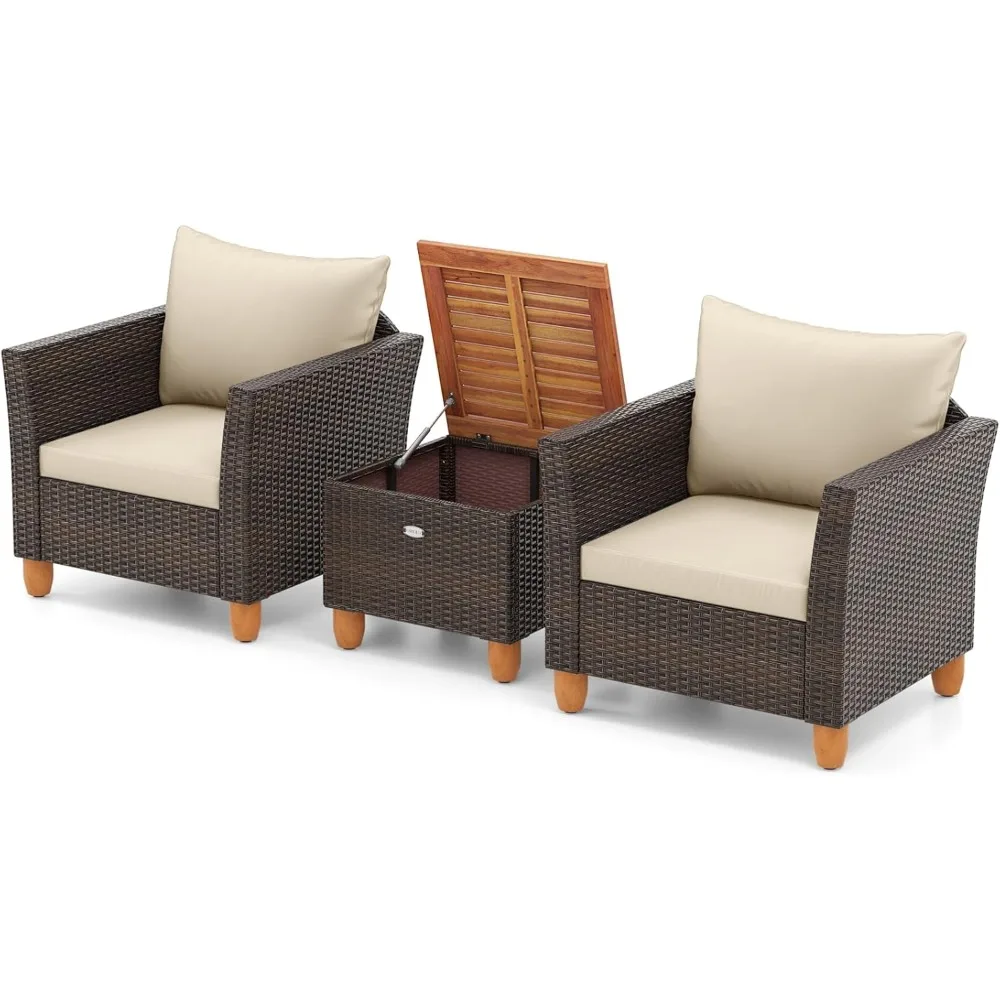 3-teiliges Terrassenmöbel-Set, Patiojoy Outdoor-Bistro-Set aus PE-Korbgeflecht mit weichen Kissen und massivem Akazienholz