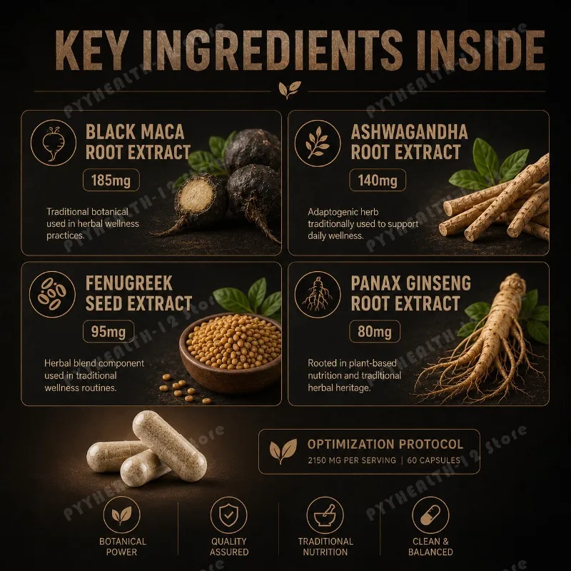 Googeer Men's Performance Capsules with Black Maca 185mg, Ashwagandha 140mg, Fenugreek & Panax Ginseng, Energy & Vitality 60ct