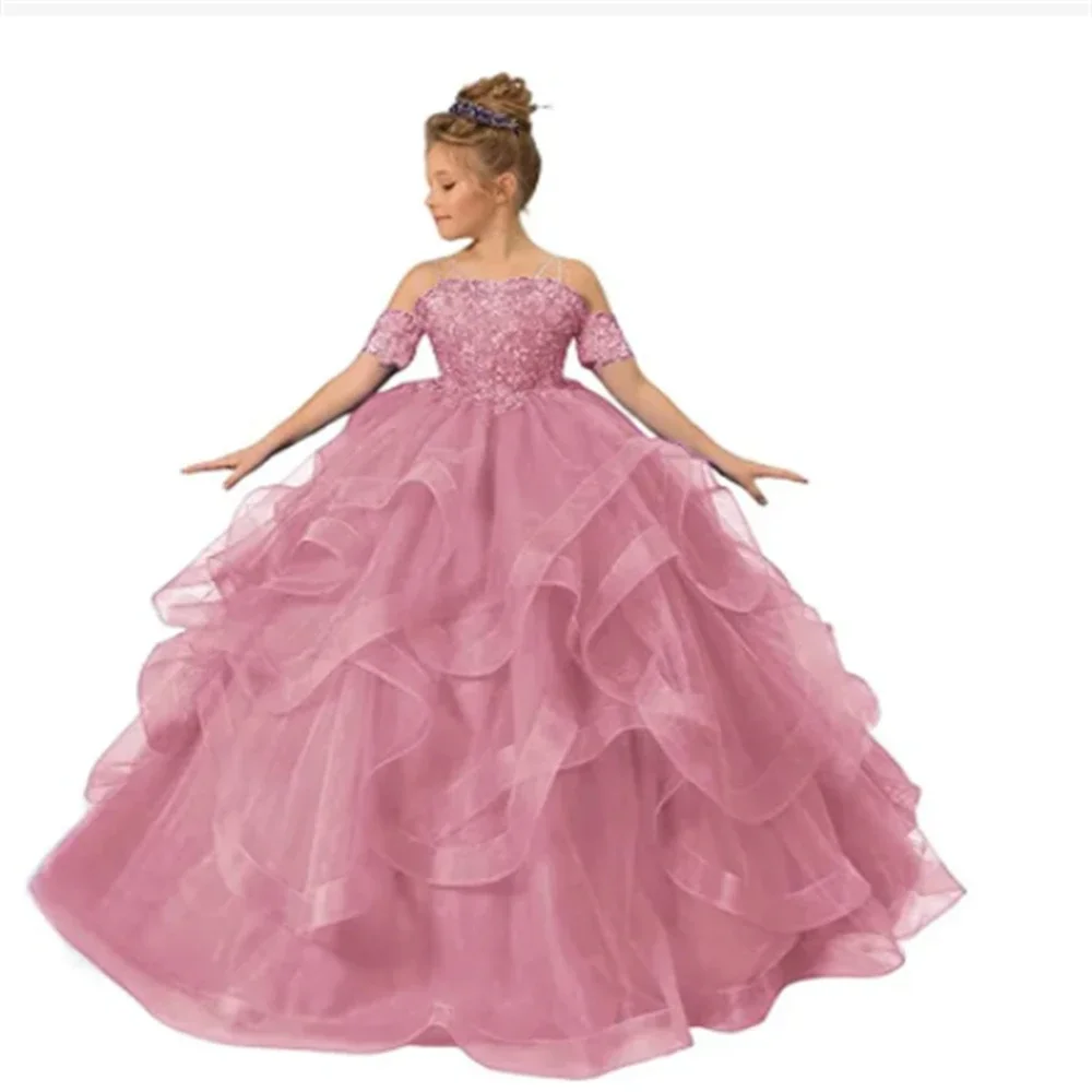 

Pink Tulle Puffy Flower Girl Dress Layered Appliques Short Sleeve For Wedding Birthday Party Banquet Princess Gowns Banquet