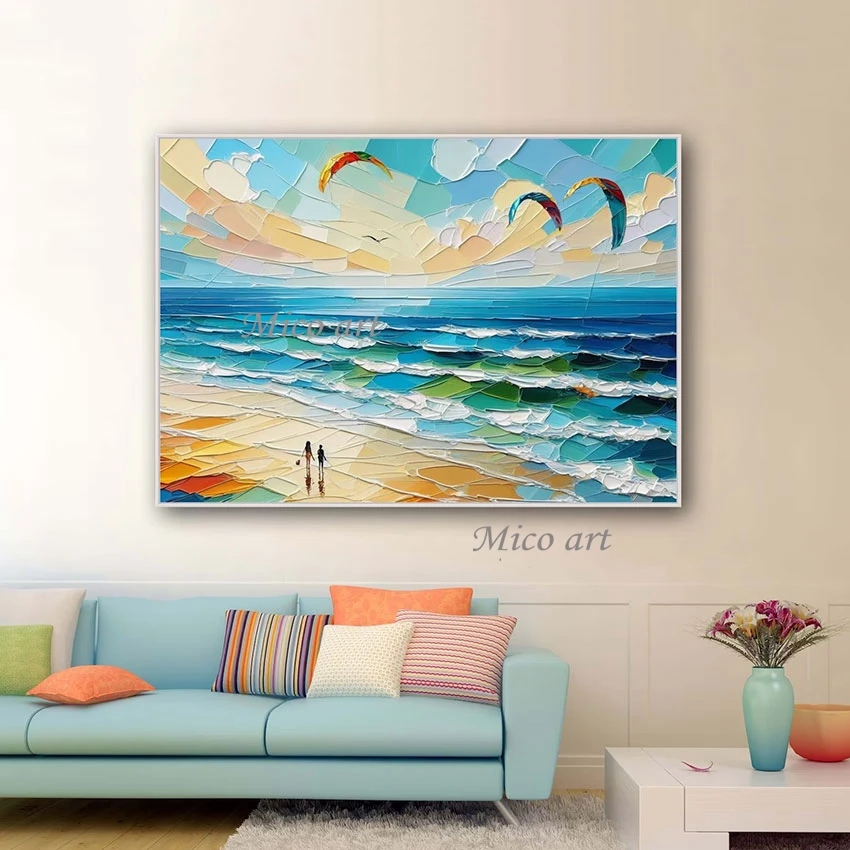 Frameless Knife Oil Painting Canvas Roll, Wall Hanging, Modern 3D Sea Beach and Paraglider, Abstract Landscape Art Picture