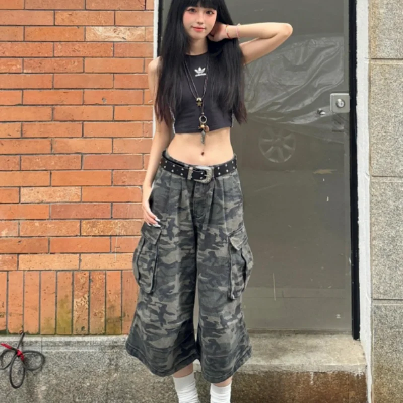 

New Women's Street Retro Camouflage Wide-leg Jeans Women's Summer New High-waisted Loose Straight Tooling Cropped Pants