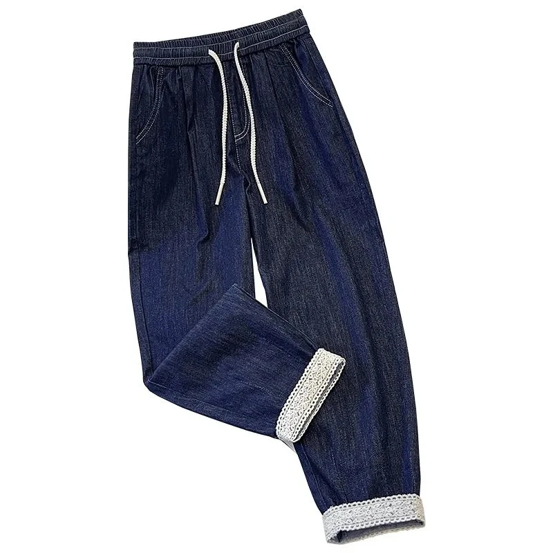 Dames kanten splitjeans trekkoord elastische taille diepblauwe dunne harembroek 2025, lente zomer nieuwe stijl losse broek