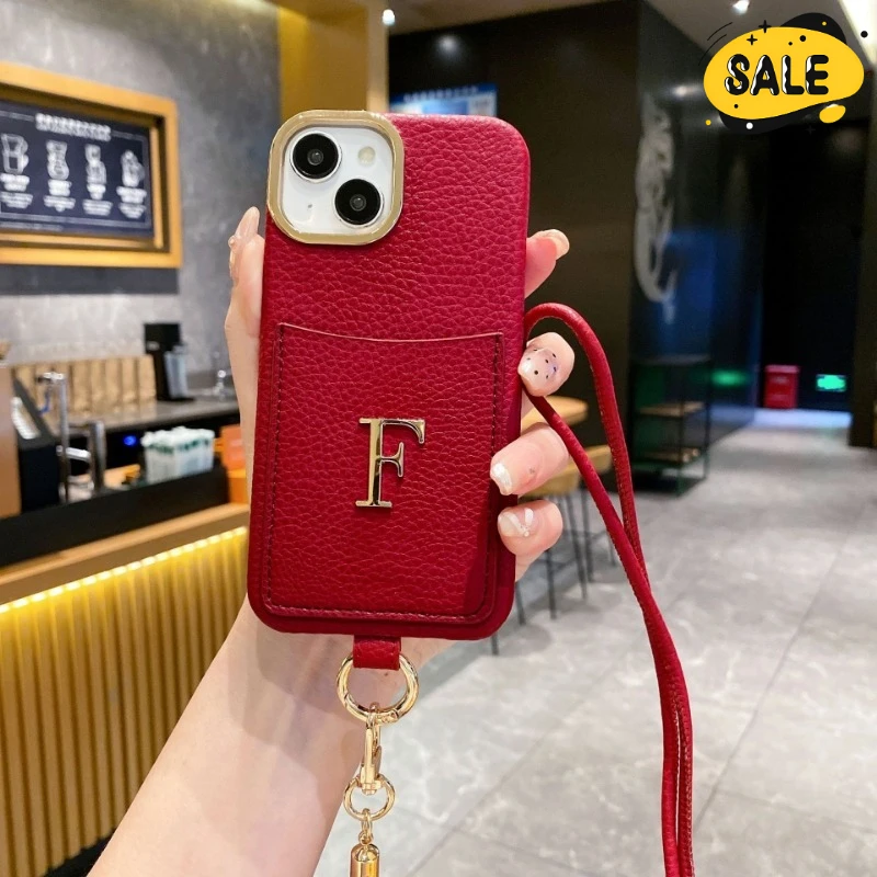 

Gold Letter Customized Initials Name Phone Case for IPhone 15 14 Pro Max 14 15 Plus Leather Crossbody Lanyard Card Holder