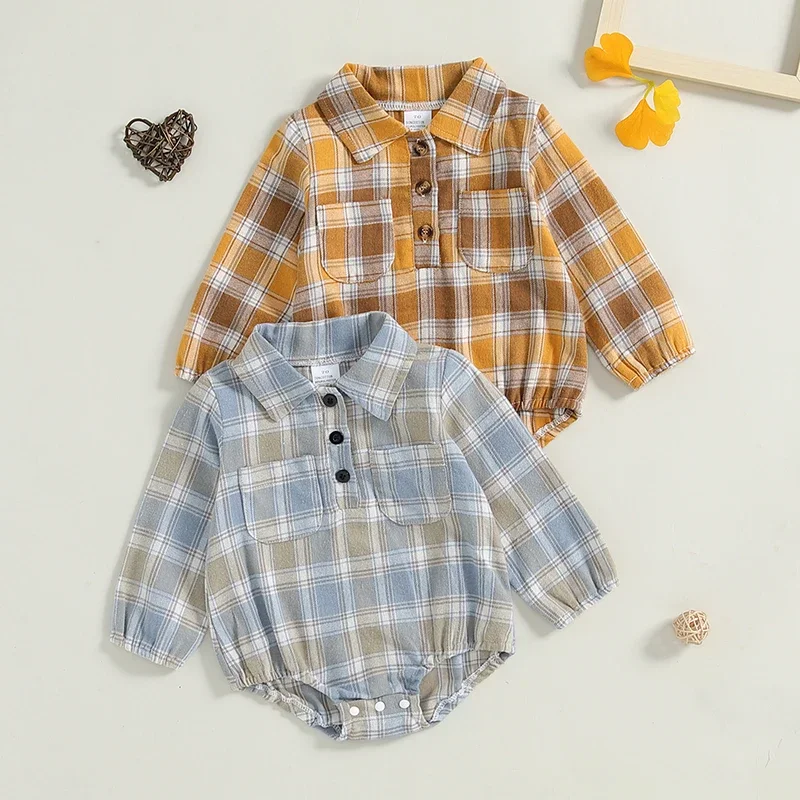 Baby Boys Lapel Collar Plaid Print Romper Jumpsuit Playsuit Autumn Nebworn Overalls Clothes