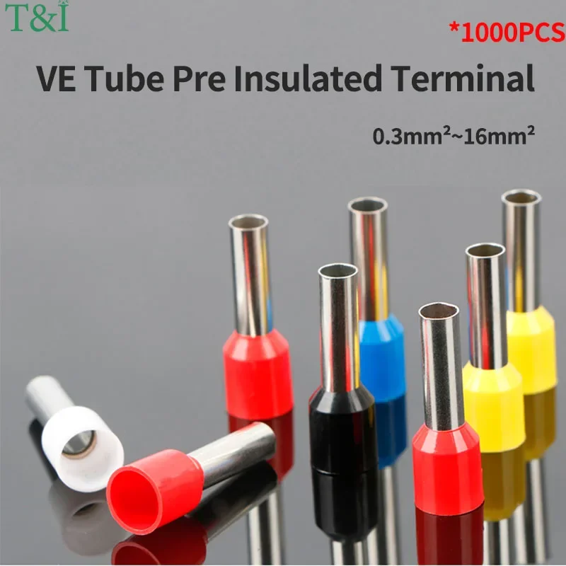 

1000Pcs VE Tube Type Cold Pressing Pipe Pre Insulated Terminal Needle Type Copper Nose VE0508/7508/1008/1508/2508/4009 0.3-16mm²