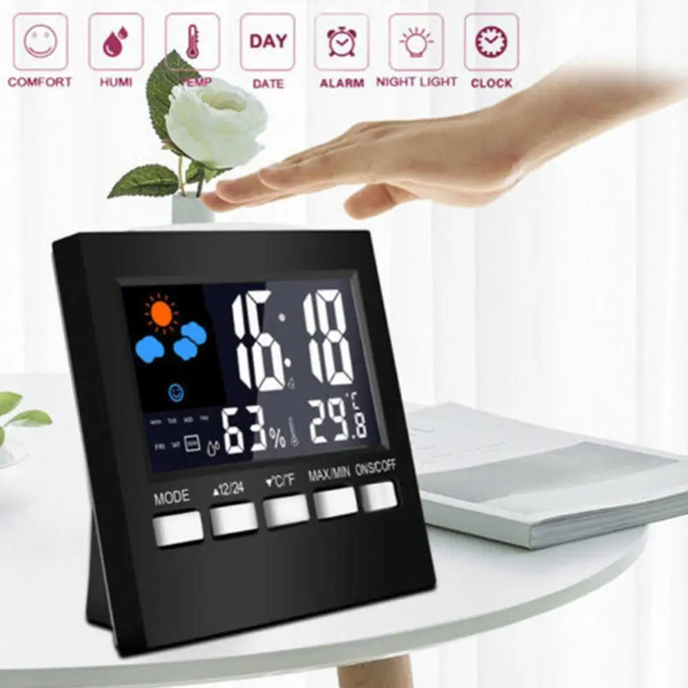 Thermometer Clock Weather Station Alarm Wireless Temperature Humidity Meter