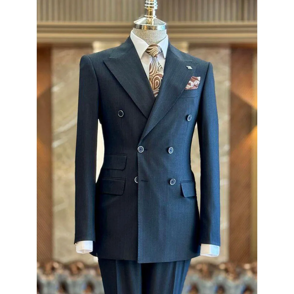 

Stylish Navy Men Suits High Quality 2 Pieces Jacket Pant Peak Lapel Double Breasted Special Situation Male Clothing Luxury 2025